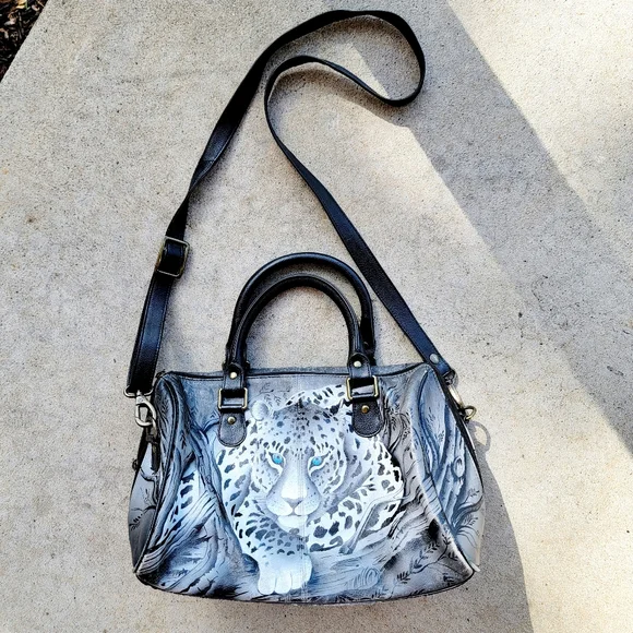 Anna by Anuschka African Leopard Genuine Leather Crossbody Satchel Hand-Painted - Picture 2 of 13